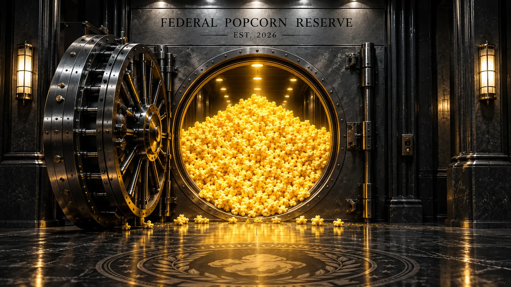 Dark institutional vault filled with bright yellow popcorn.