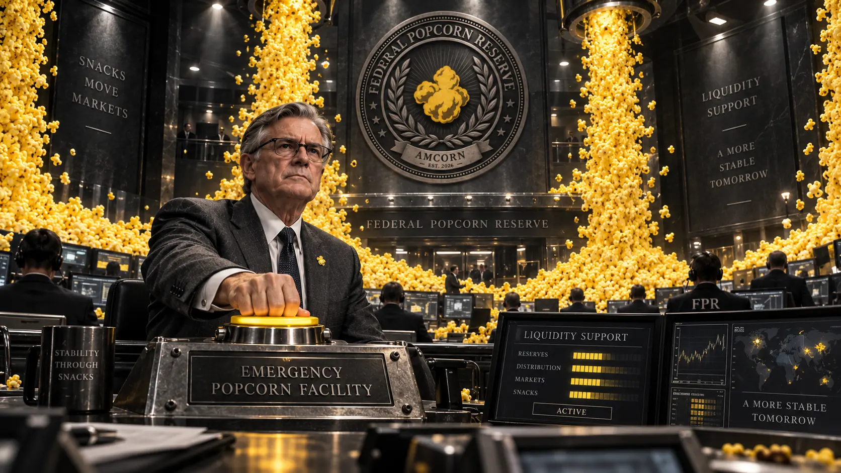 Fictional Chairman activating the Emergency Popcorn Facility as bright yellow popcorn floods the grayscale environment.
